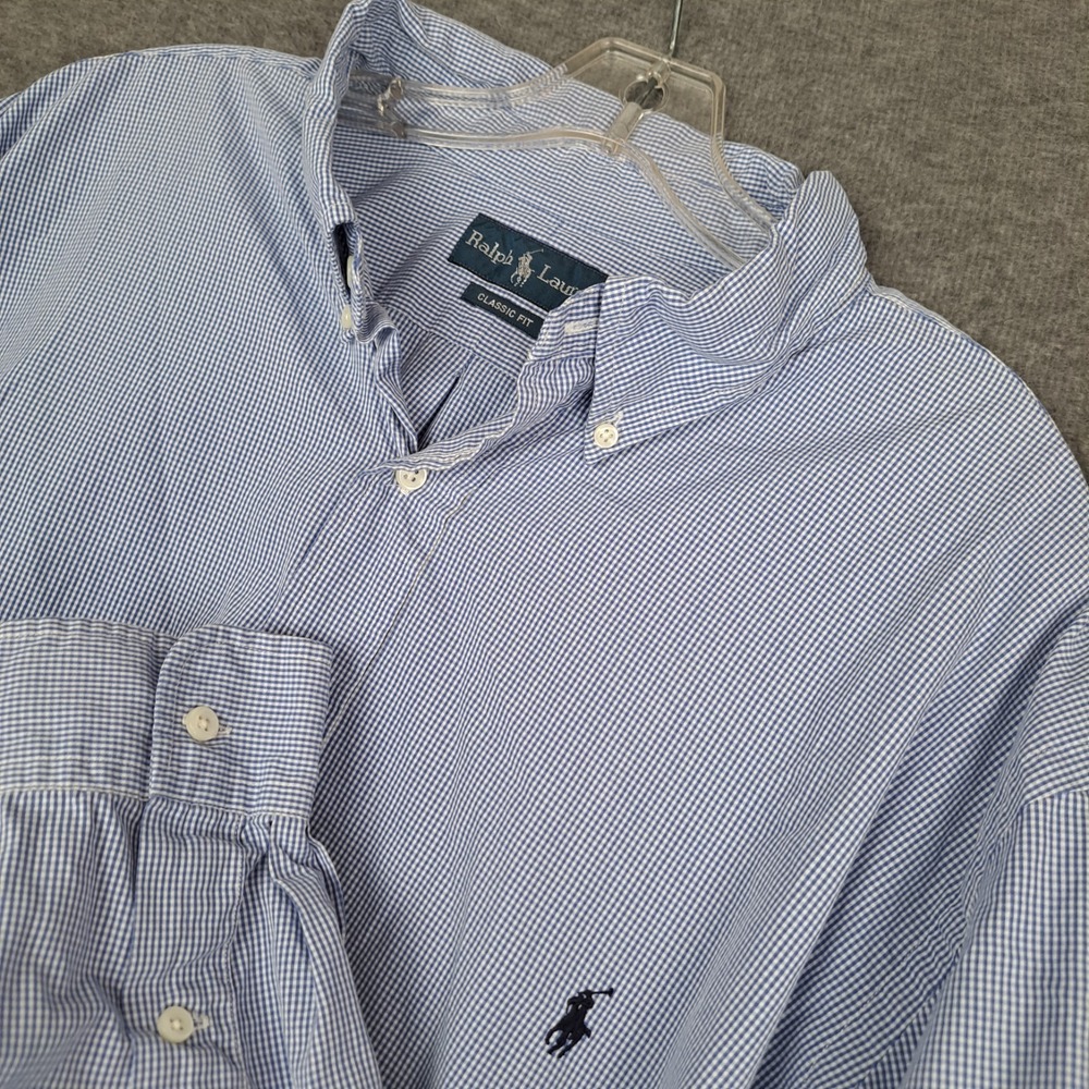 RALPH LAUREN VTG Men's 2XB Big Blue Gingham Button Up Shirt Long Sleeved Pony